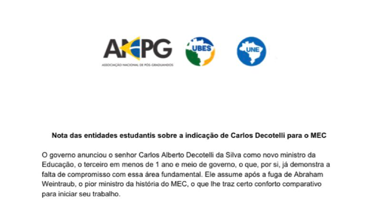 Entidades estudantis divulgam nota conjunta