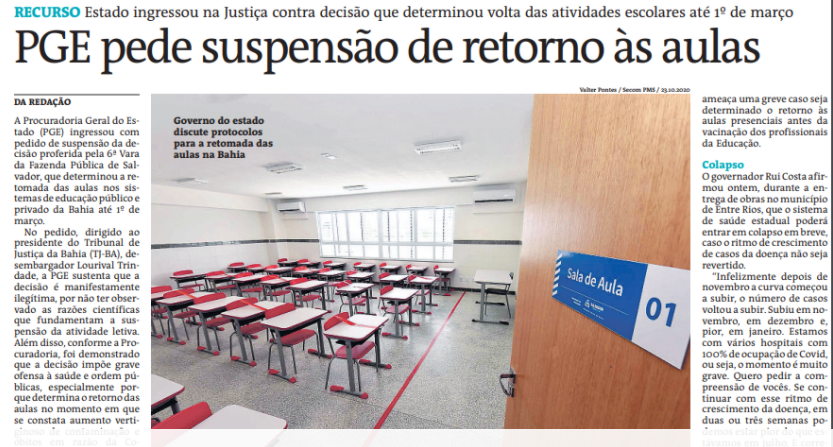PGE pede suspensão de retorno às aulas