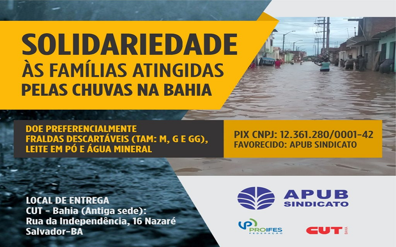 Apub e ADUNEB realizam ação de solidariedade às famílias atingidas pela chuva na Bahia